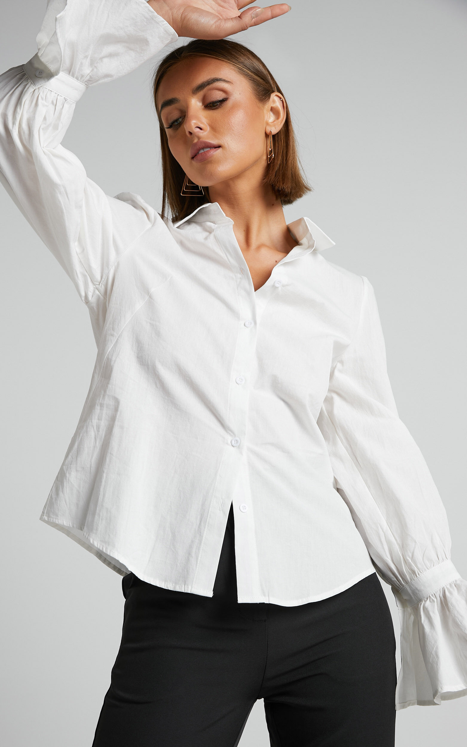 Riggie Shirt - Button Up Flared Sleeve Cotton Shirt in White