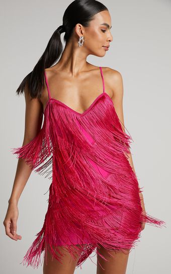 Main Strip Pink Fringe Party Dress for Women S
