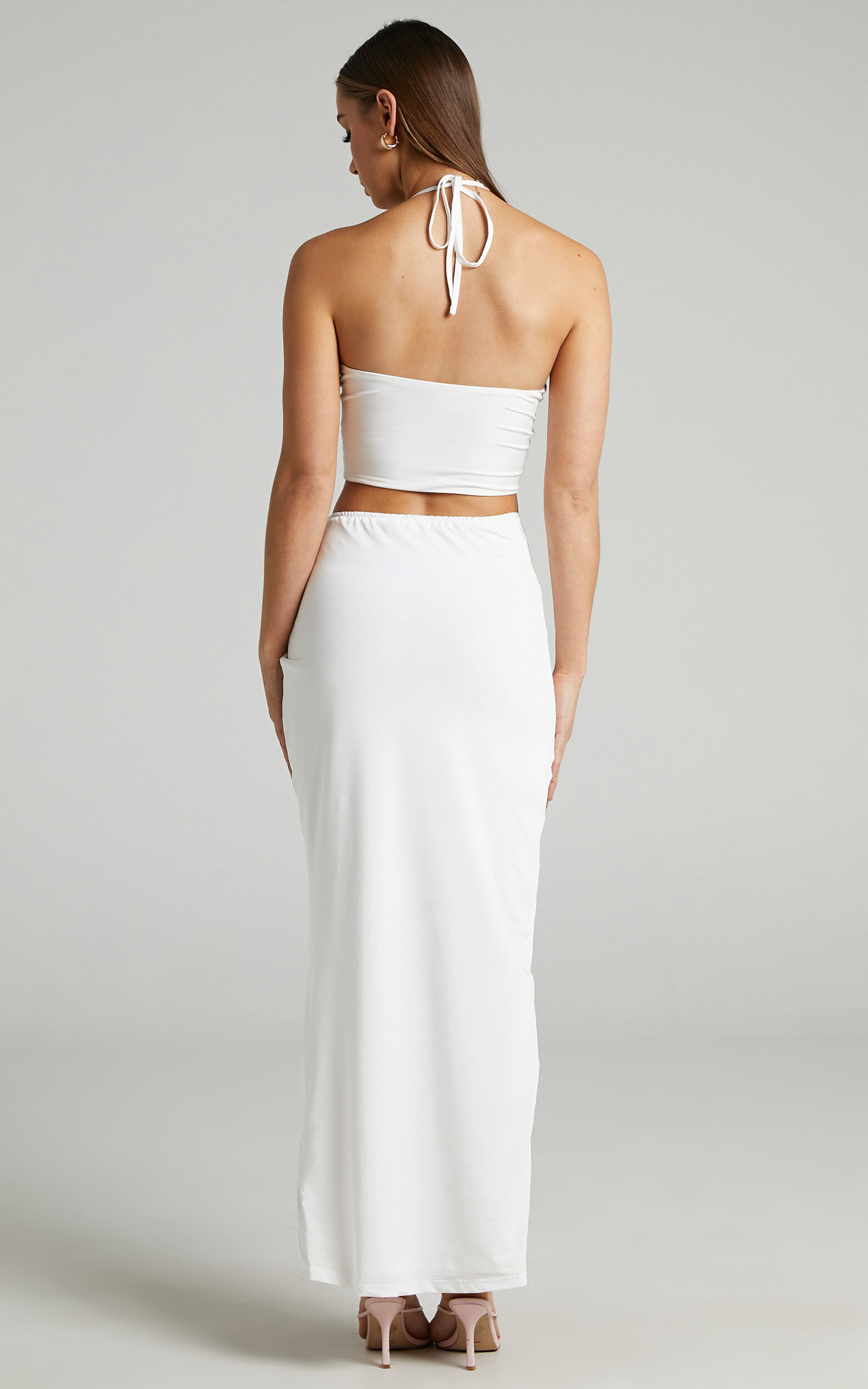 Forrest Two Piece Set - Halter Neck Top and Twist Midi Skirt Set in White