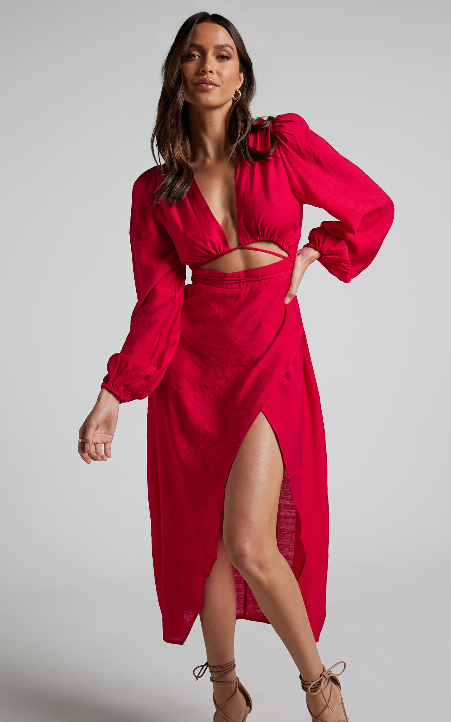 Demieh Midi Dress - Front Cut Out Long Sleeve Dress in Red