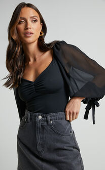 Sienna Top - Lace Bell Sleeve Corset Top in Black