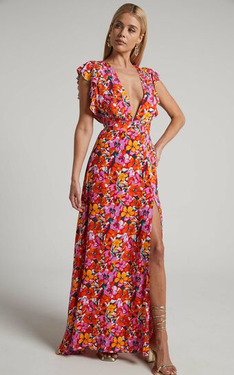 Dyliah Maxi Dress - Thigh Split Frill Shoulder Plunge Neck Dress in ...