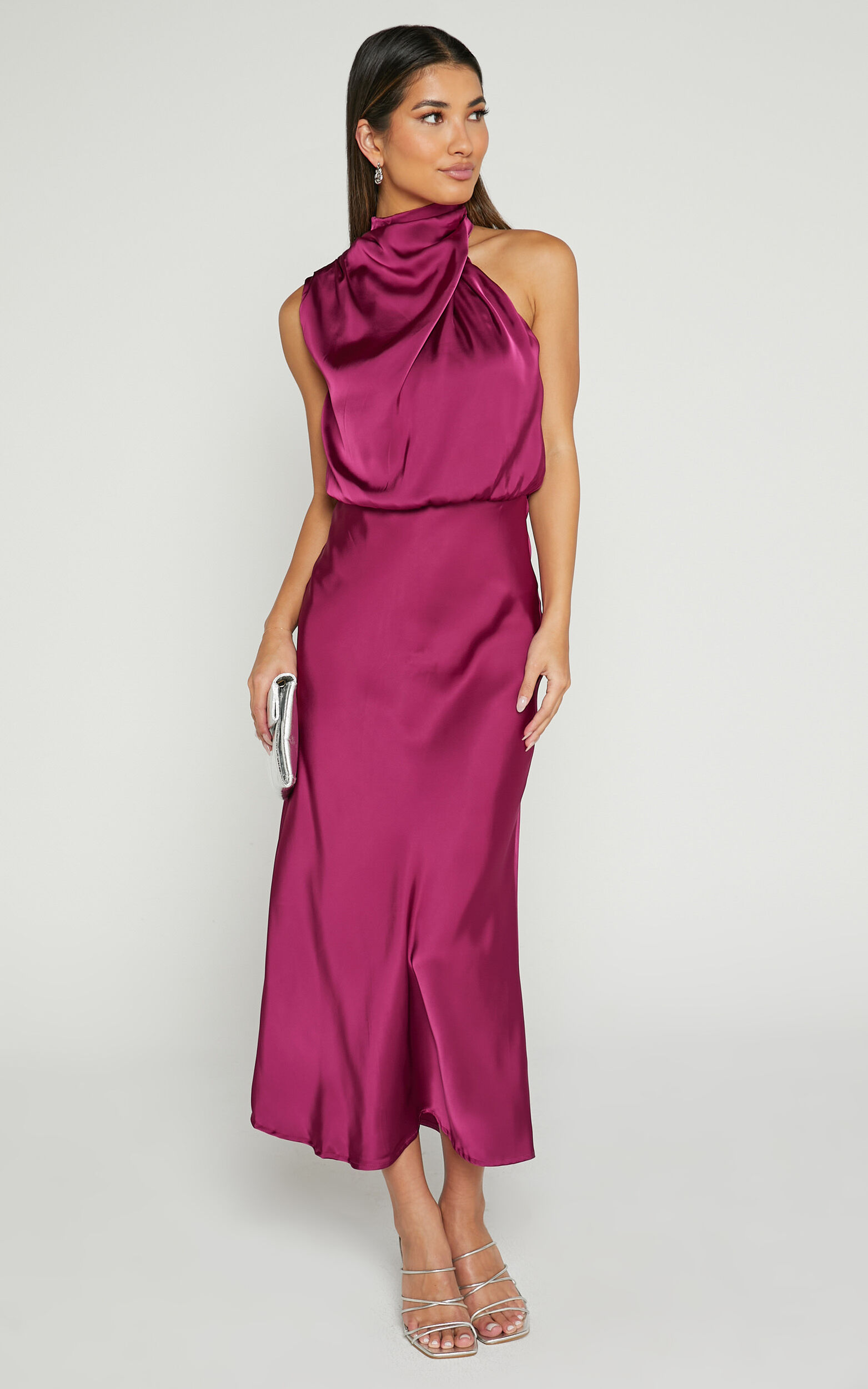 Minnie Midi Dress - Drape Neck Satin Slip Dress in Purple | Showpo USA