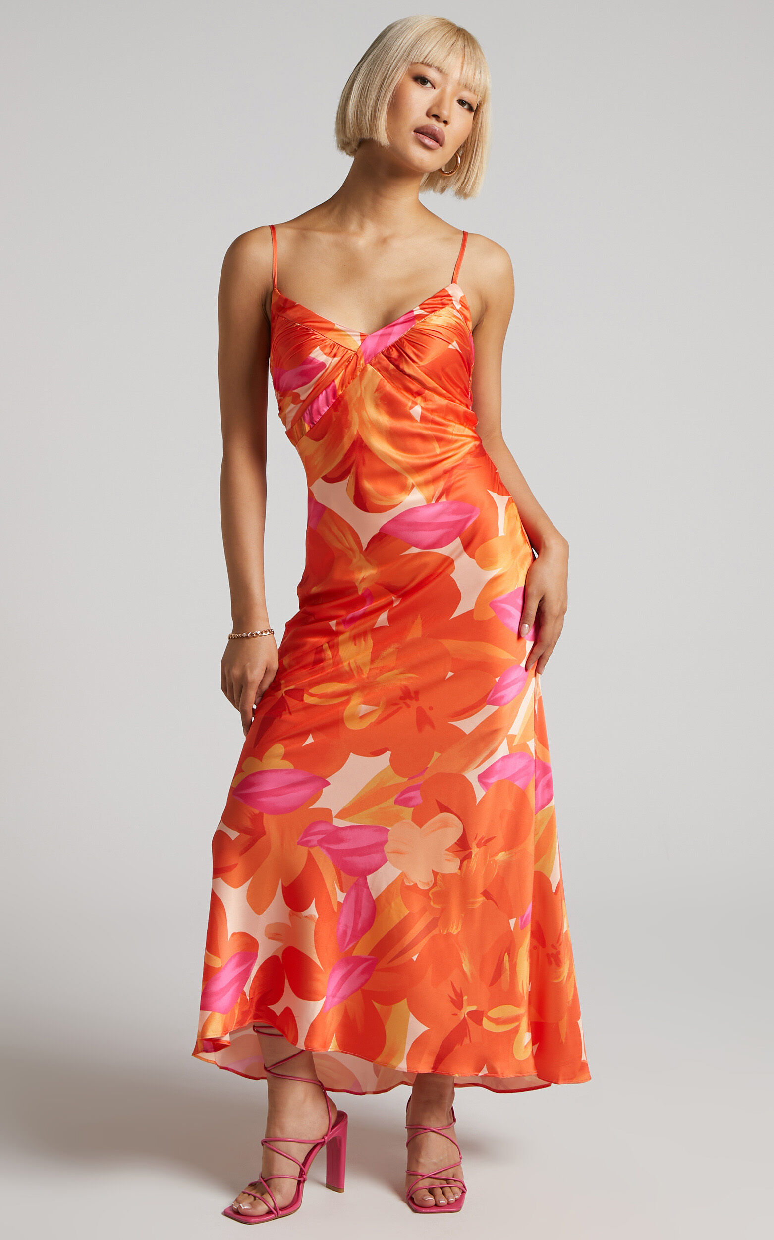 Erica Maxi Dress - V Neck Satin Slip Dress in Blood Orange Floral | Showpo