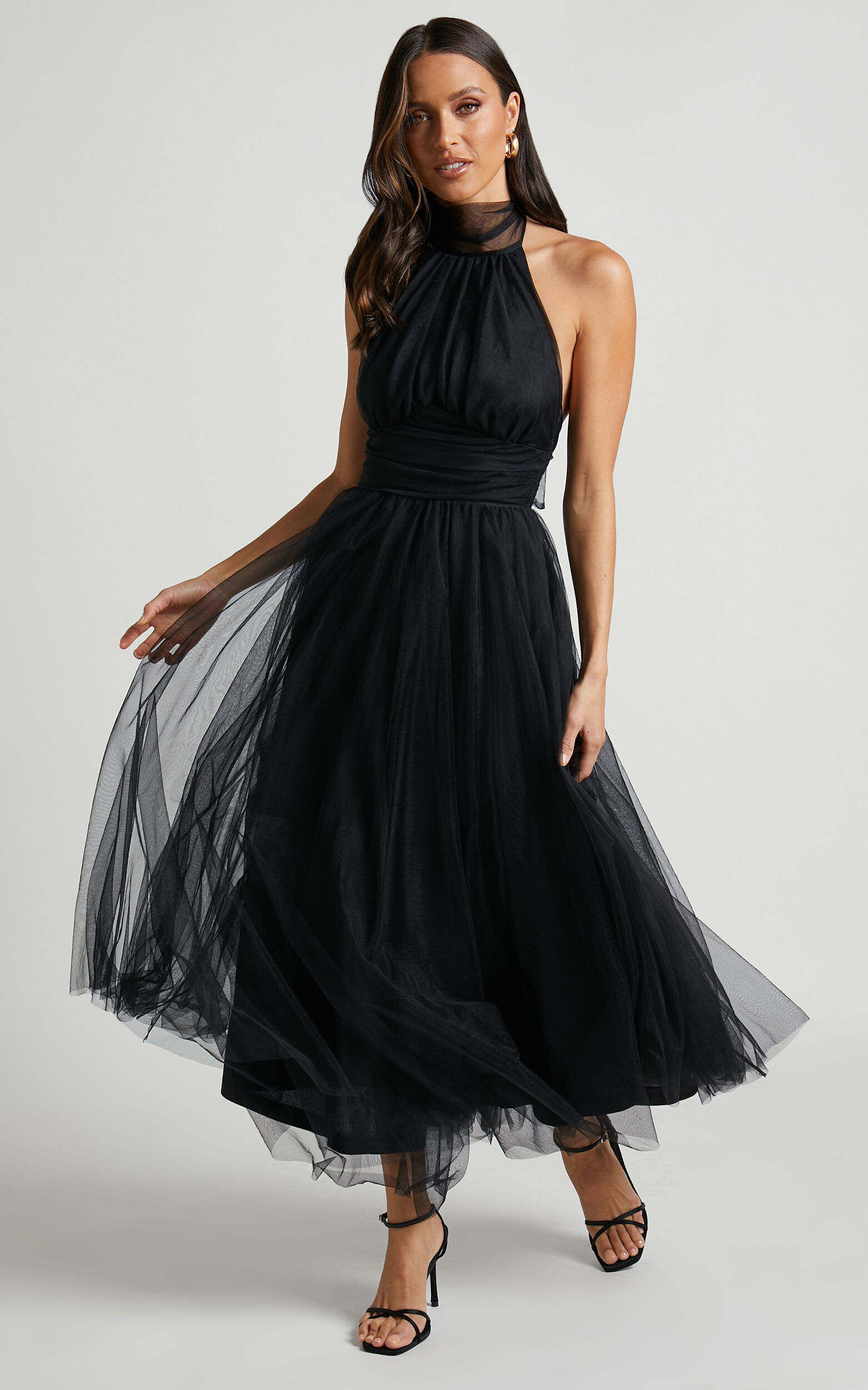 Eleonor Halter Neck Bust Gathering Tulle Midi Dress in Black | Showpo USA