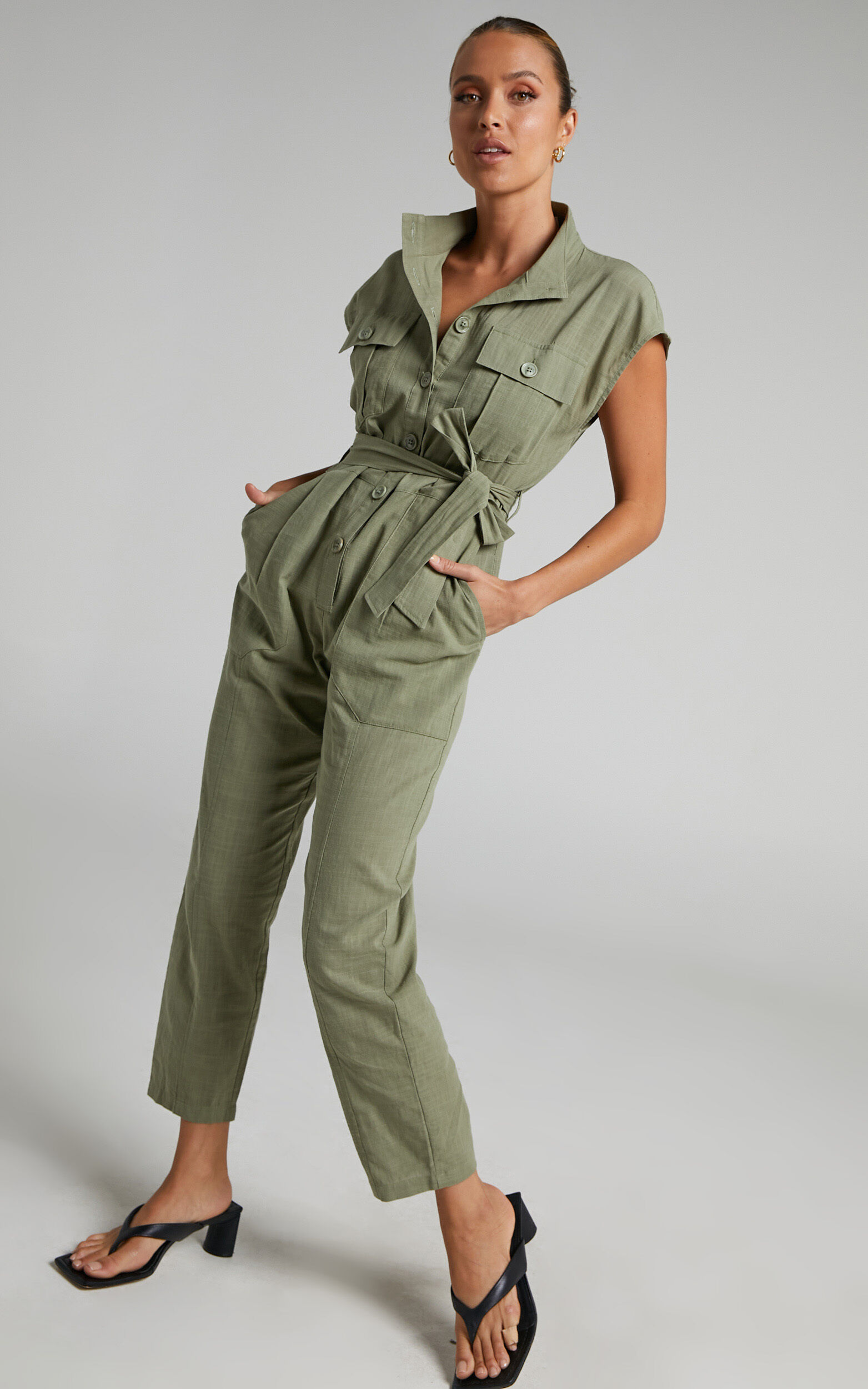 khaki short sleeve jumpsuit