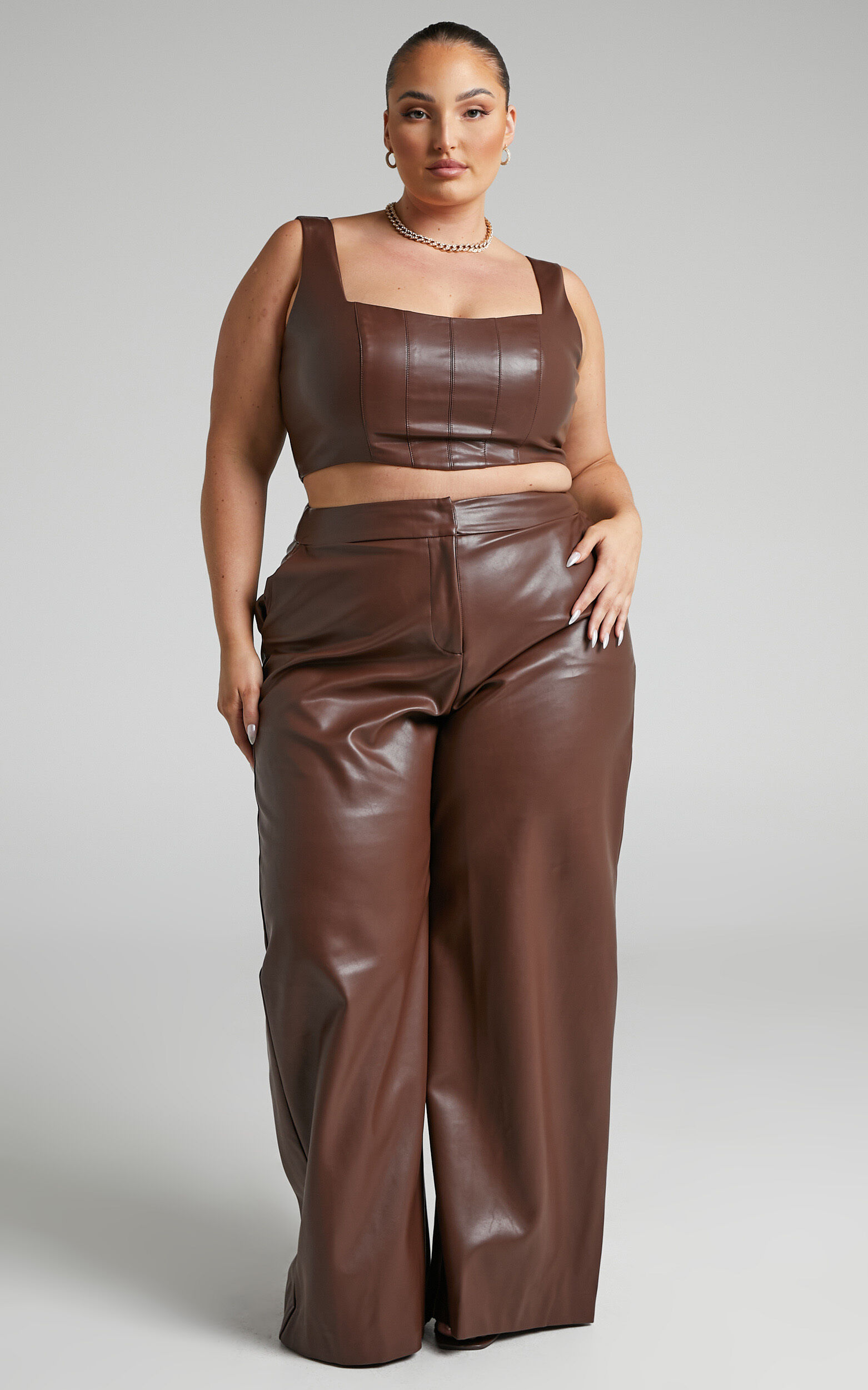 Minx - High Waisted Faux Leather Wide Leg Trousers in Chocolate