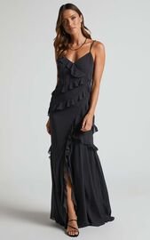 Nitha Maxi Dress - Asymmetrical Frill Thigh Split Dress in Black Polka ...