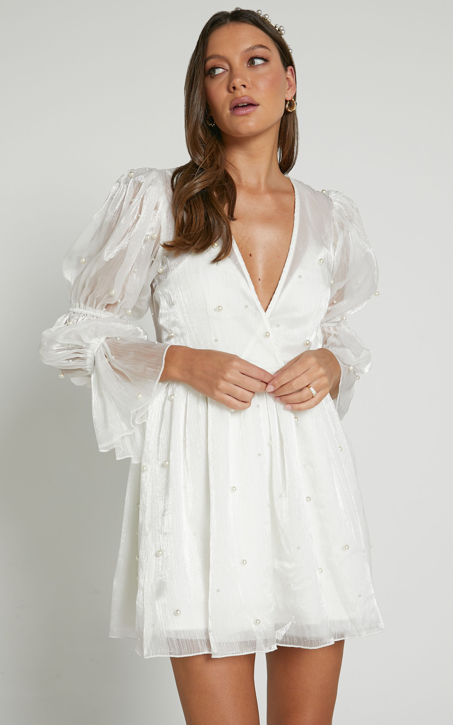 Solanna Mini Dress - Long Puff Sleeve V Neck Dress in White