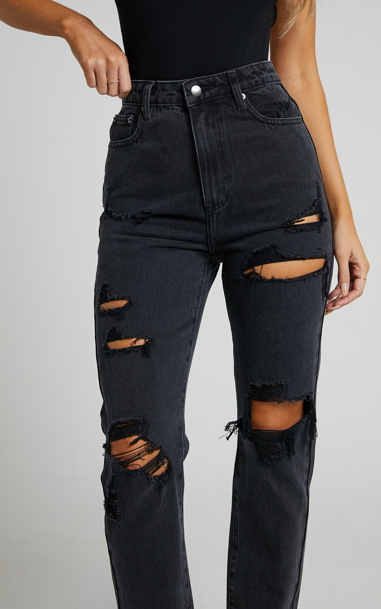 Billie Jeans - High Waisted Recycled Cotton Distressed Mom Jeans in ...