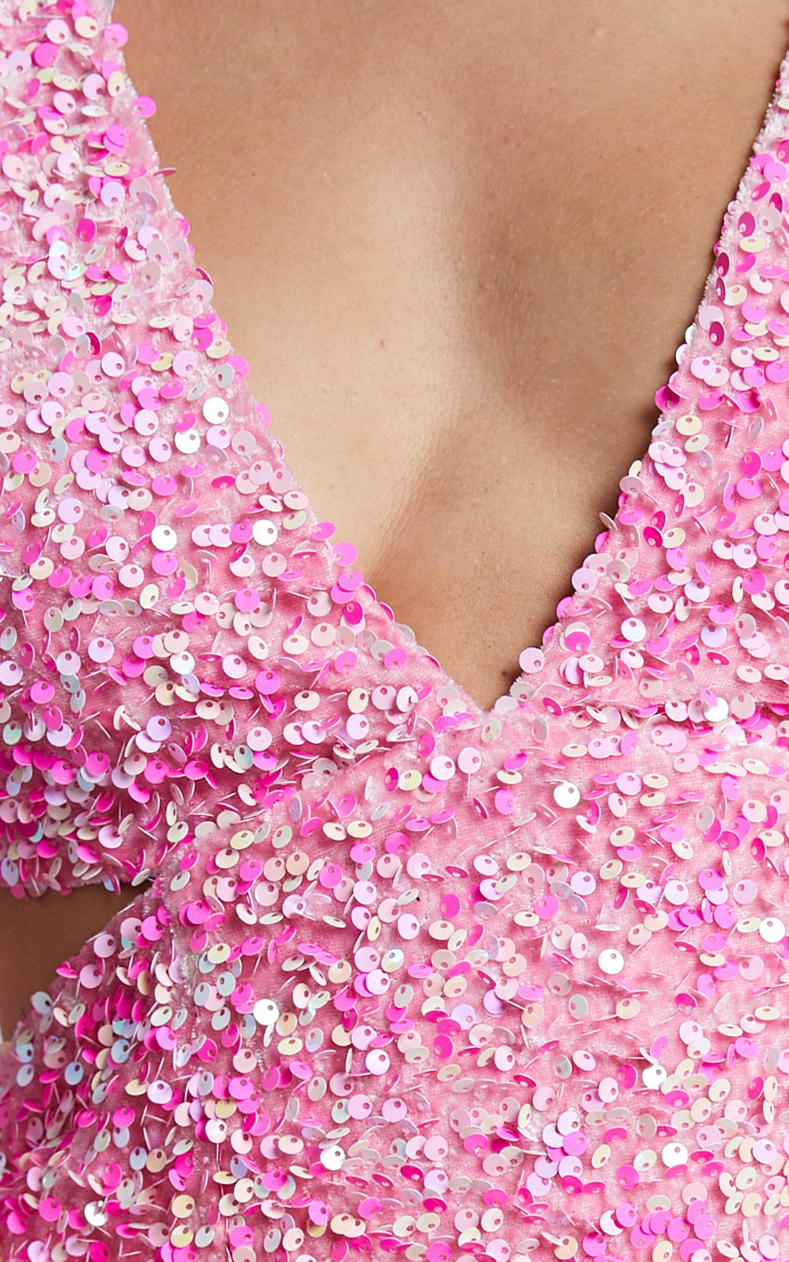 Gabriella Mini Dress - Plunge Long Sleeve Cut Out Sequin Dress in Pink Sequin - Cocktail Dresses