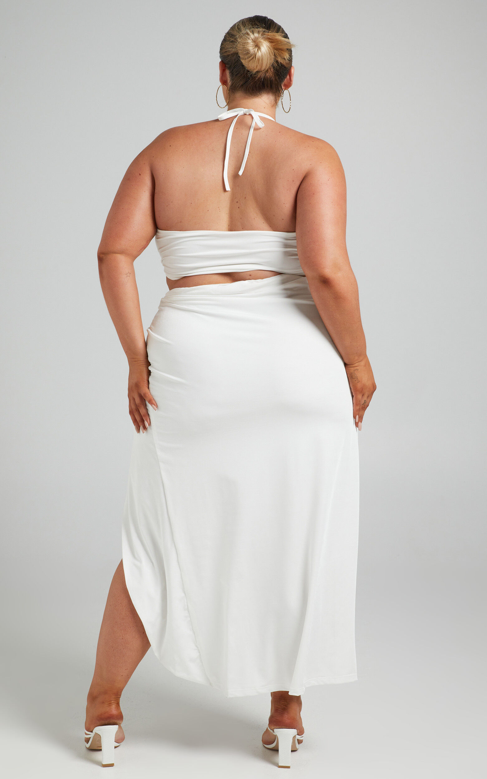 Forrest Two Piece Set - Halter Neck Top and Twist Midi Skirt Set in White