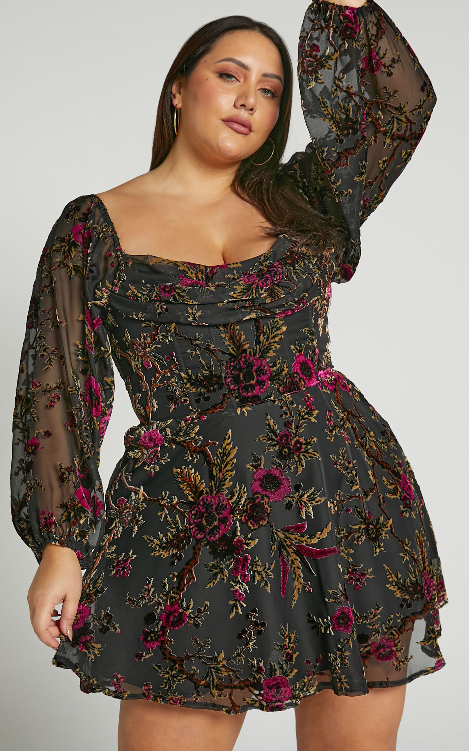 Jessell Mini Dress - Long Sleeve Cowl Corset Dress in Black Floral ...