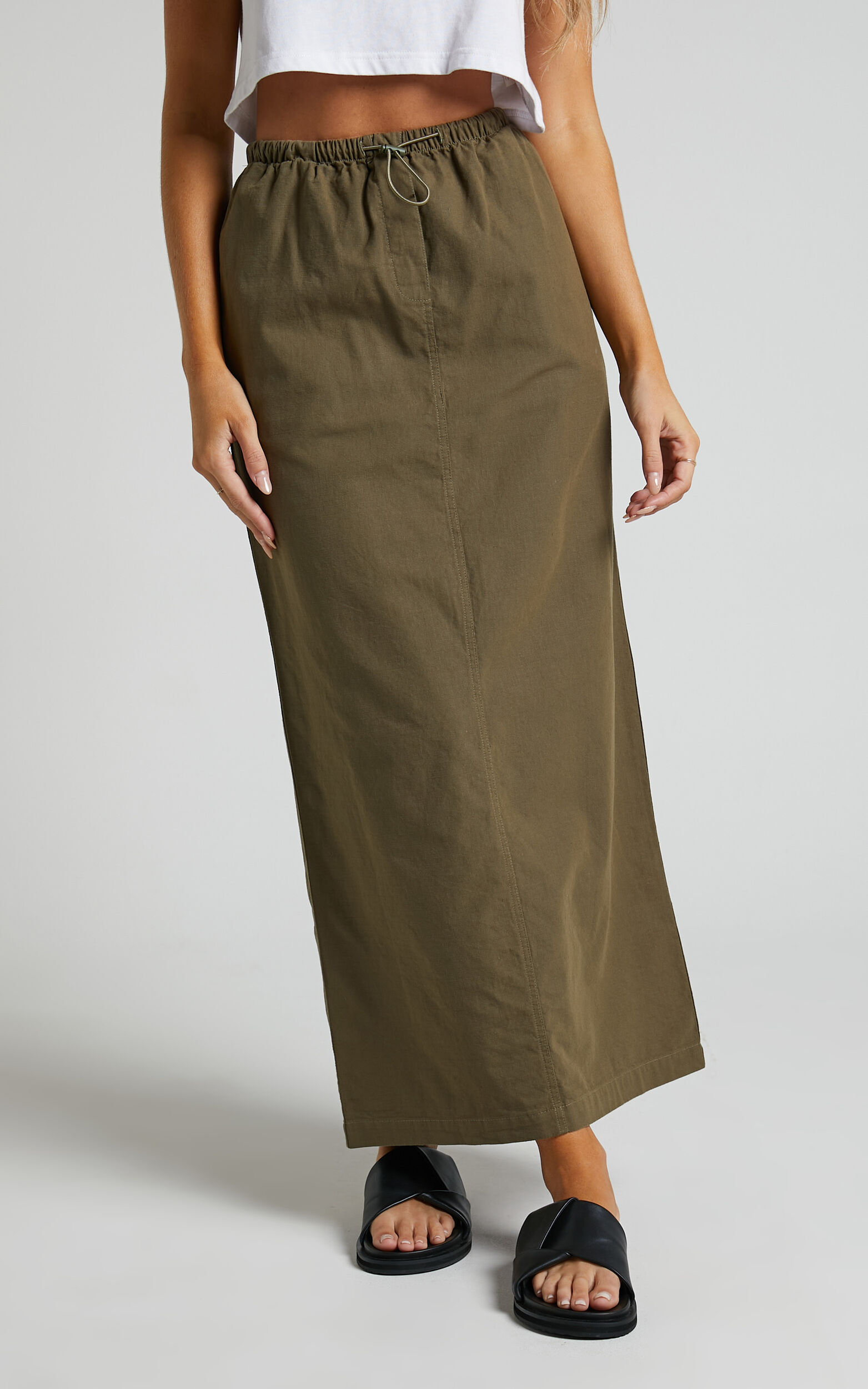 Khaki Textured Jersey High Waist Midaxi Skirt