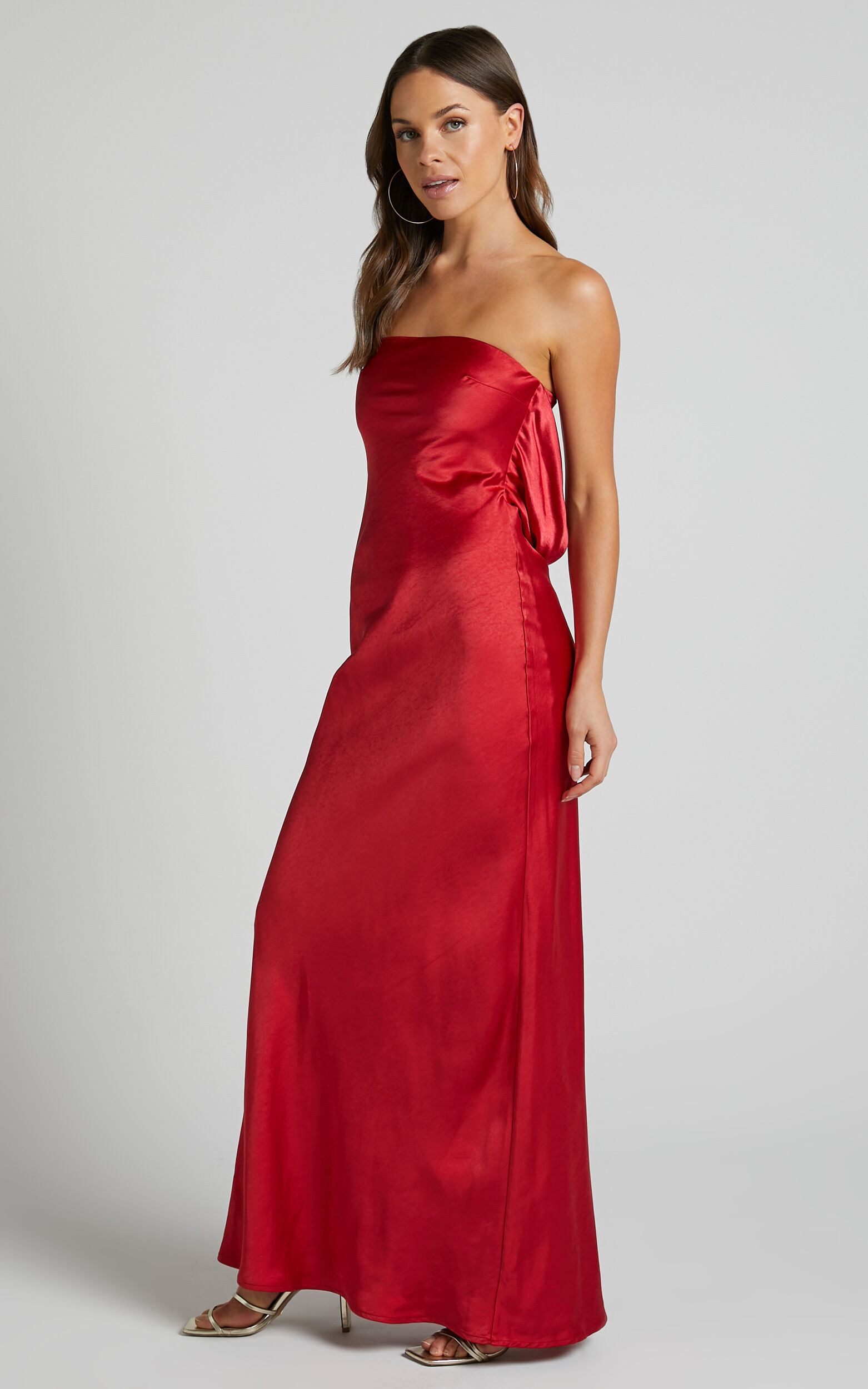 Charlita Maxi Dress - Strapless Cowl Back Satin Dress in Cherry