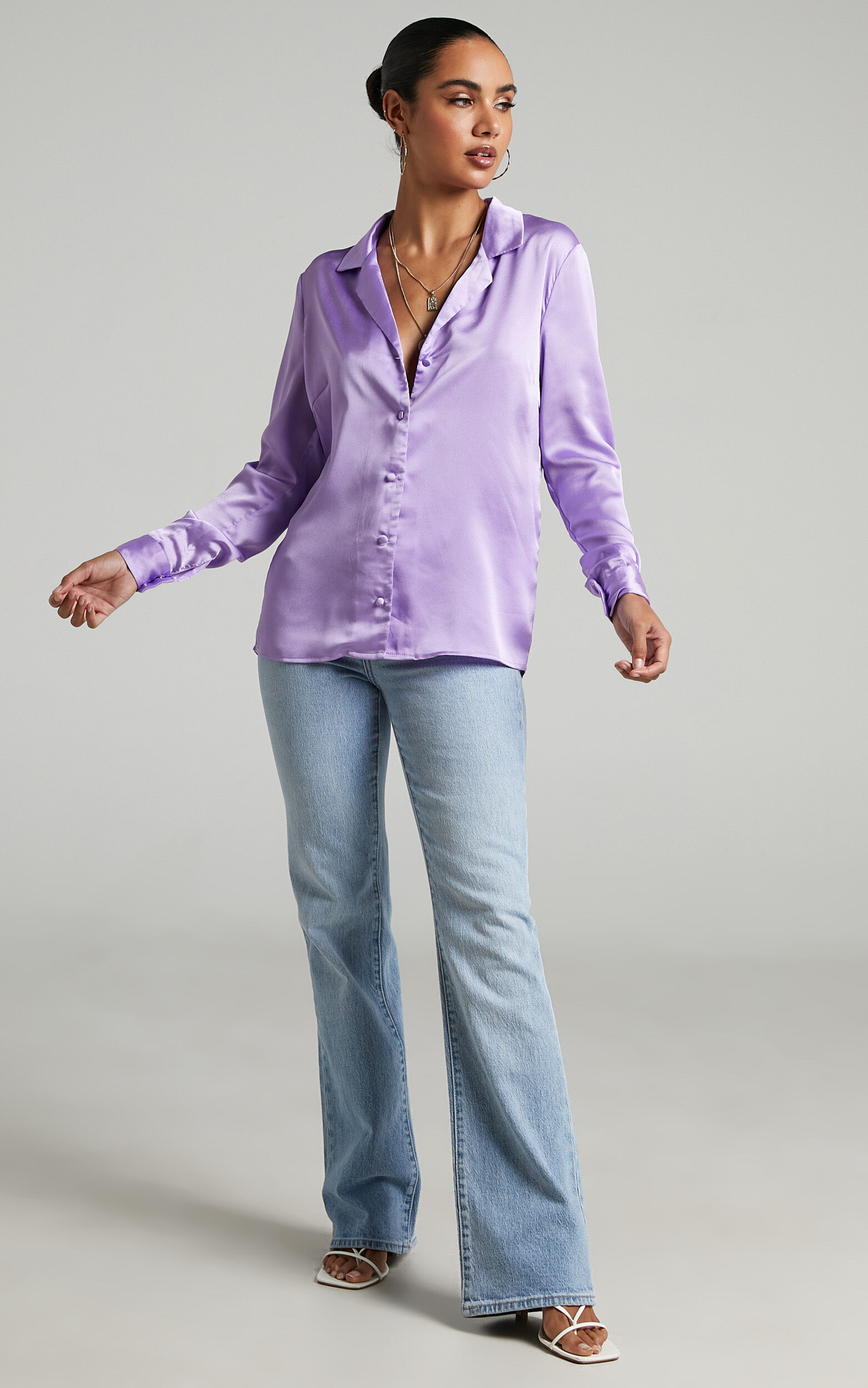 Tinna Longsleeve Shirt in Button Up Satin USA | Collared Lilac Showpo