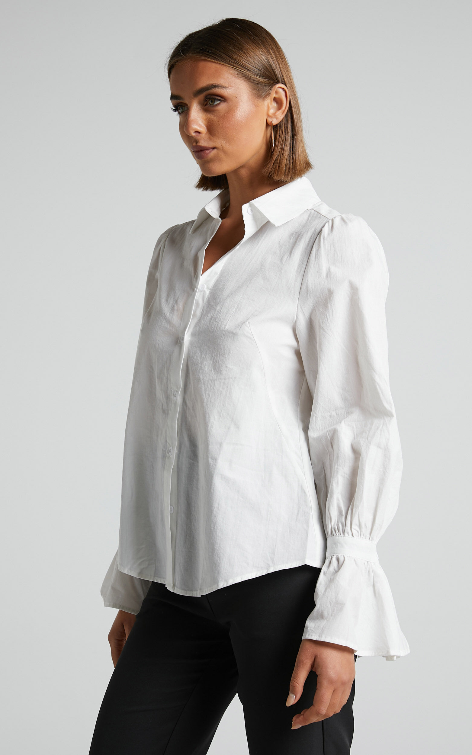 Riggie Shirt - Button Up Flared Sleeve Cotton Shirt in White