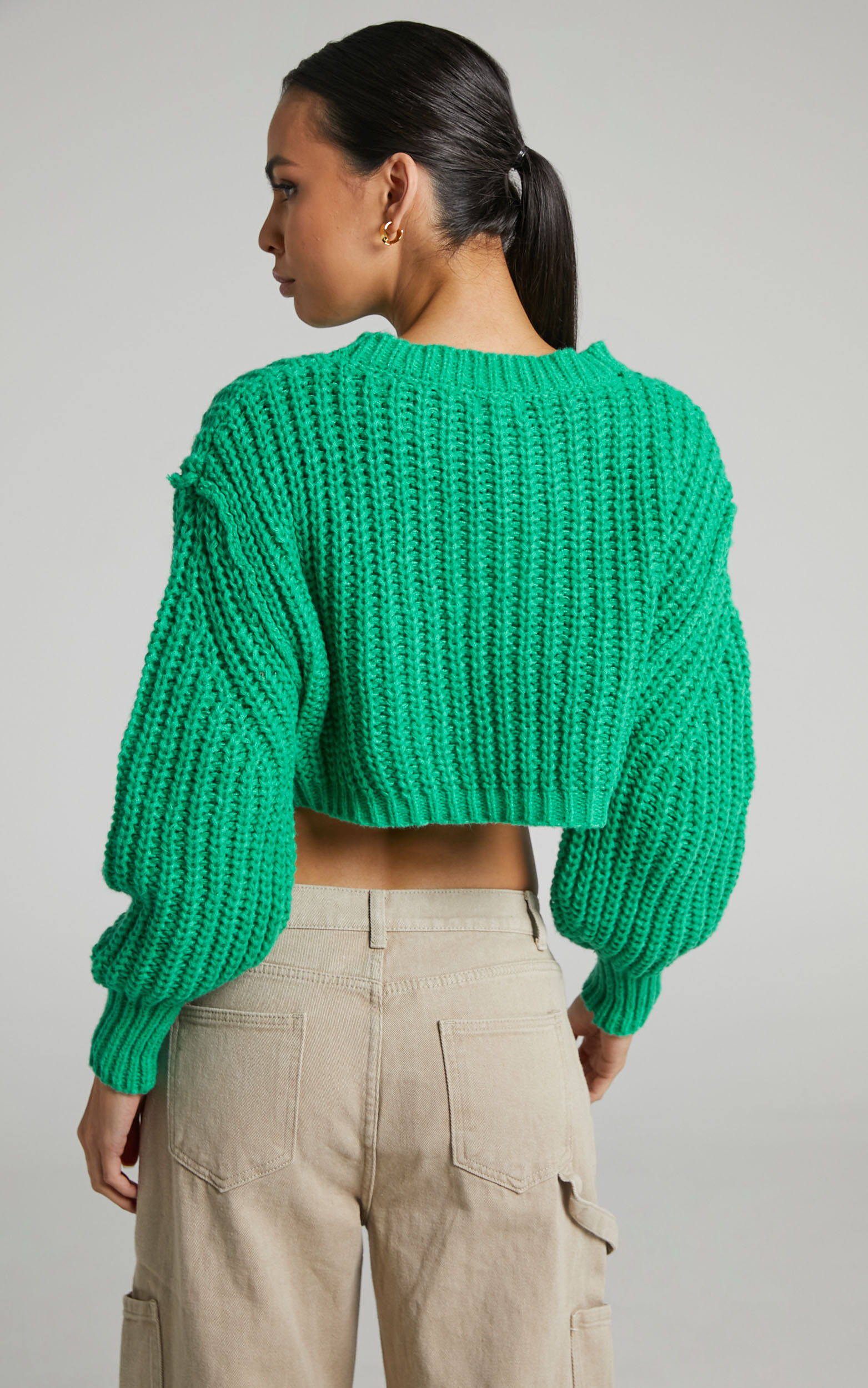 Arwa Cropped Balloon Sleeve Knit Jumper in Green | Showpo USA