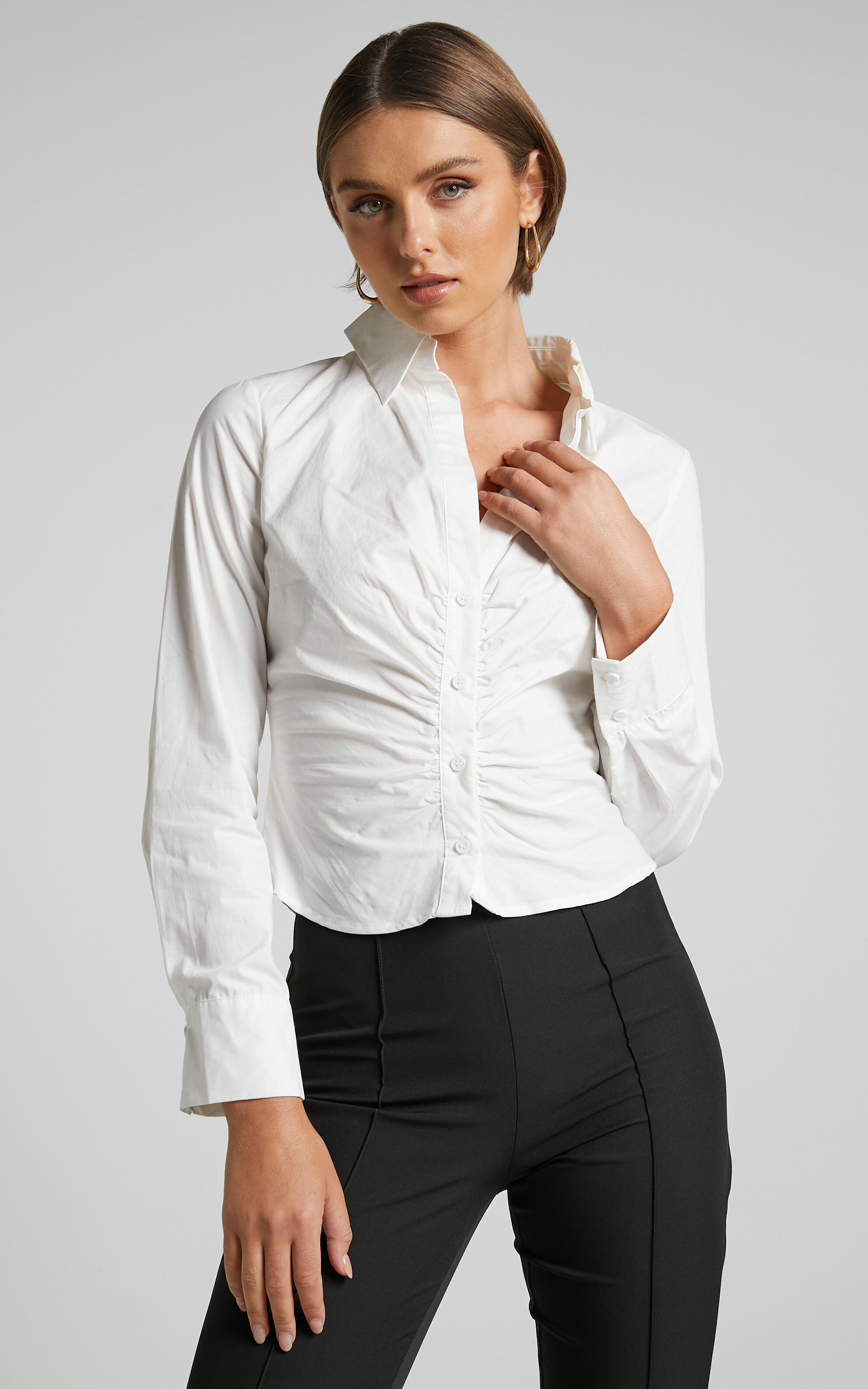 Cleone Ruched Front Button Up Shirt in White | Showpo