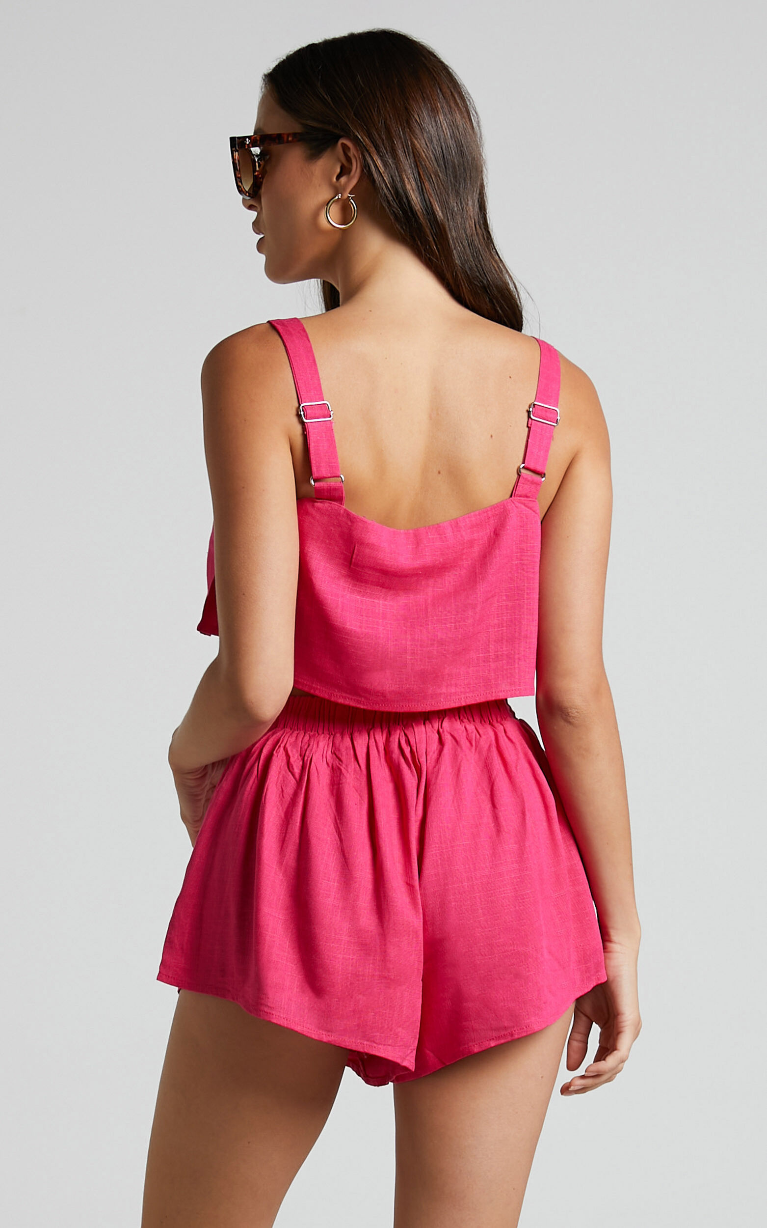 Showpo | Zanrie Two Piece Set - Linen Look Square Neck Crop Top and High Waist Mini Flare Shorts Set in Hot Pink