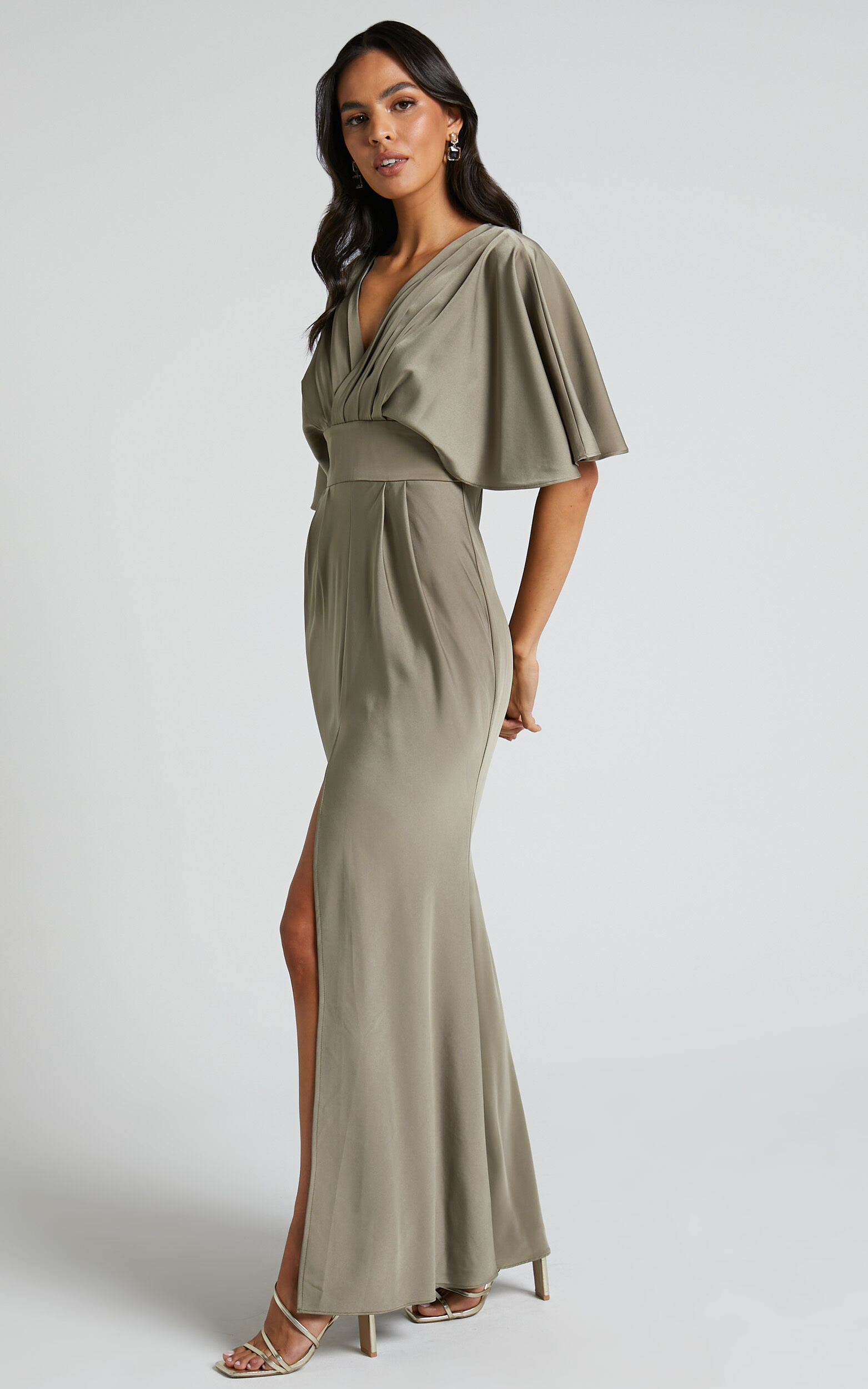 Gemalyn Midi Dress - Angel Sleeve V Neck Split Dress in Olive
