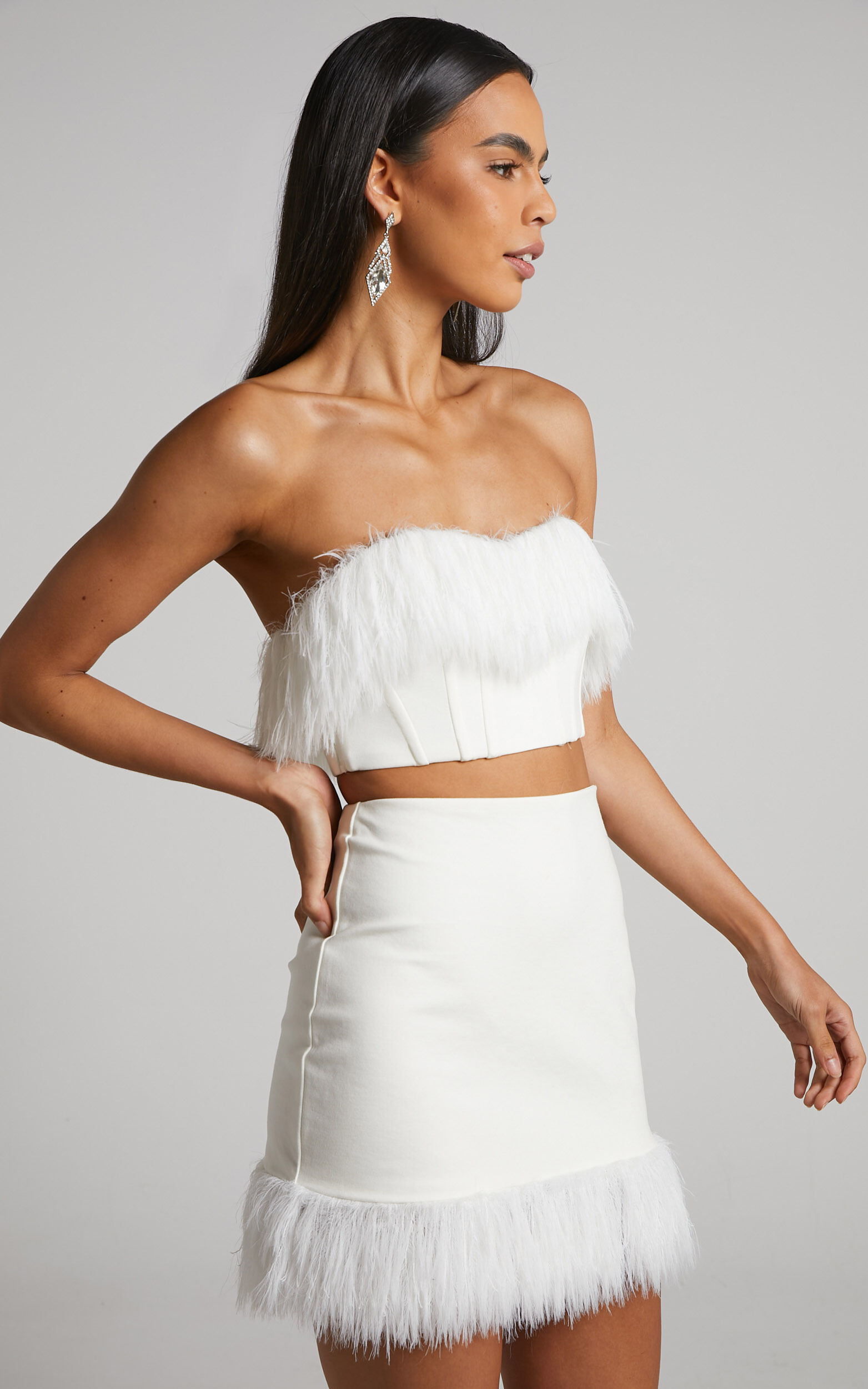 Rhaiza Mini Skirt - Faux Feather Trim High Waisted Skirt in White