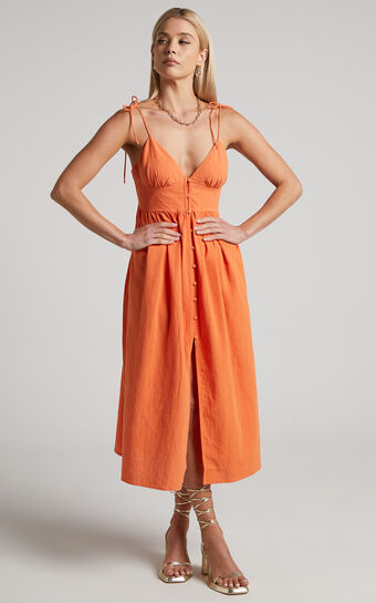 Chalmer Midi V Dress Button Showpo Tie USA Up | Neck Orange in Shoulder Dress 