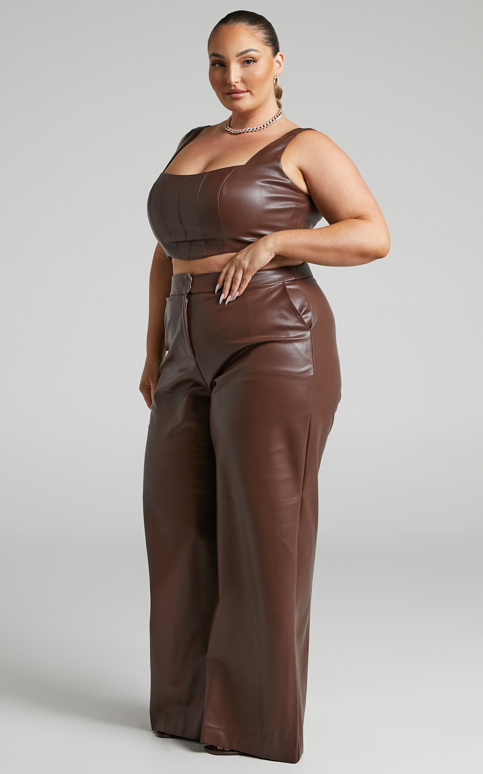 Minx - High Waisted Faux Leather Wide Leg Trousers in Chocolate