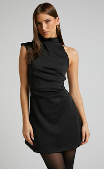 Kody Midi Dress - Bodycon Ruched Mesh Cut Out Dress in Black