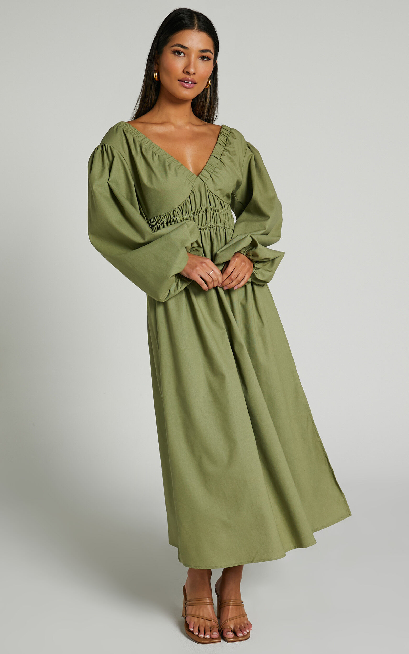 Tori Midi Dress - Linen Look Shirring V Neck Long Balloon Sleeve