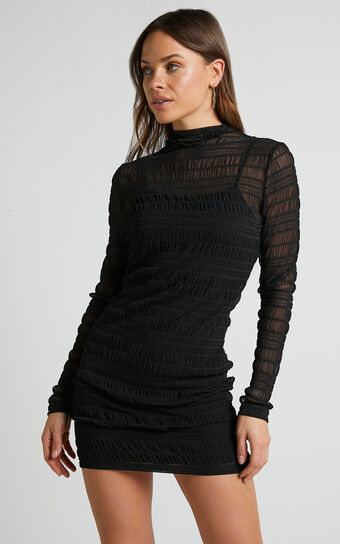The Black Stand Collar Sheer Slit Mini Dress - Slit Long Sleeve Sheer A  line Mini Dress - Black - Dresses