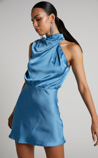 Posie Mini Dress - High Neck Drape Detail Dress in Steel Blue | Showpo USA
