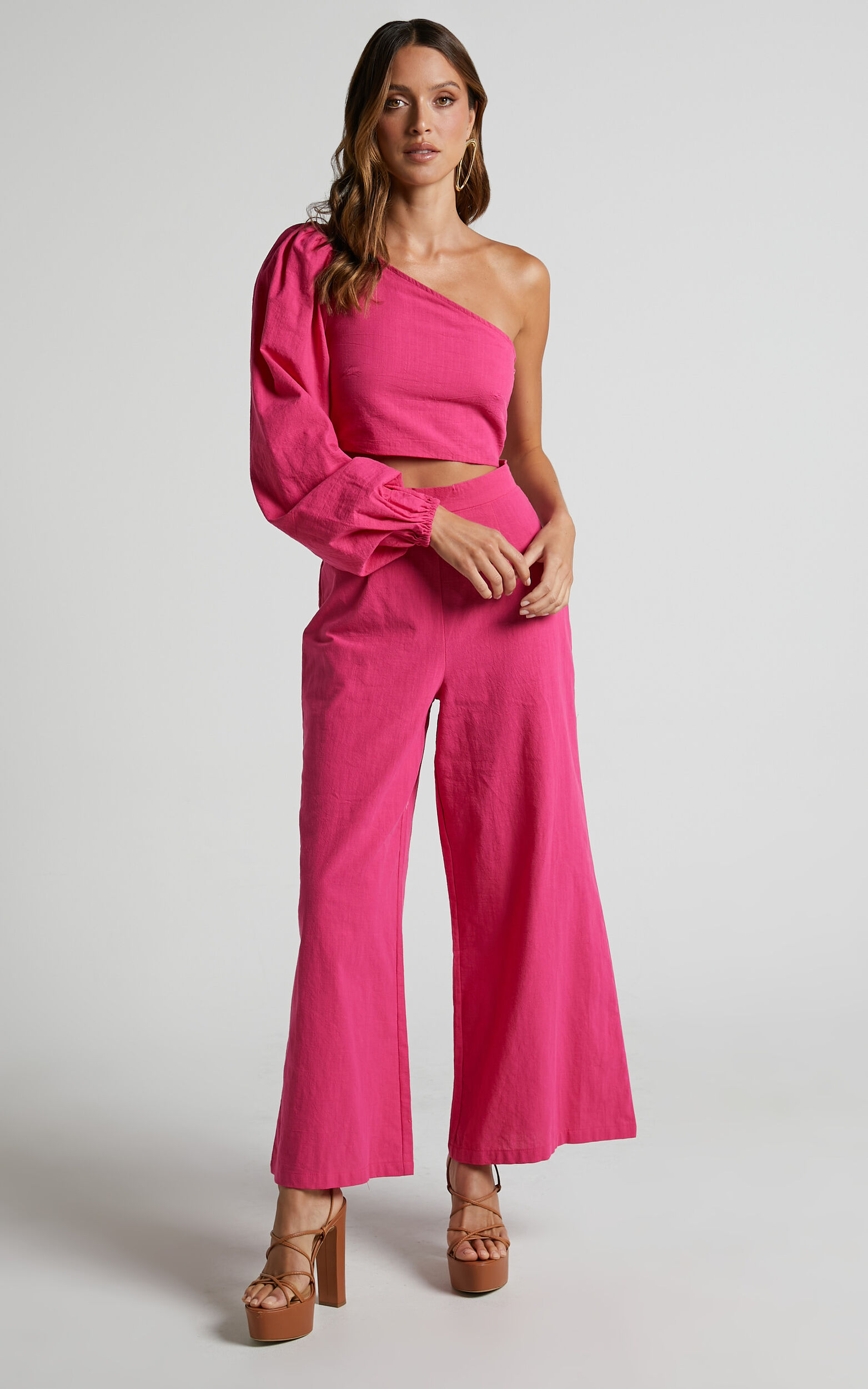 Showpo | Zanrie Two Piece Set - Linen Look Square Neck Crop Top and High Waist Mini Flare Shorts Set in Hot Pink