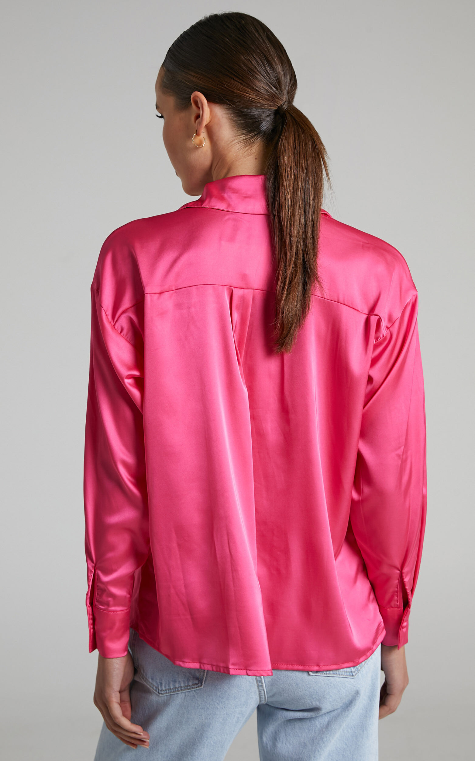 Bright Pink Satin Long Sleeve Oversized Shirt