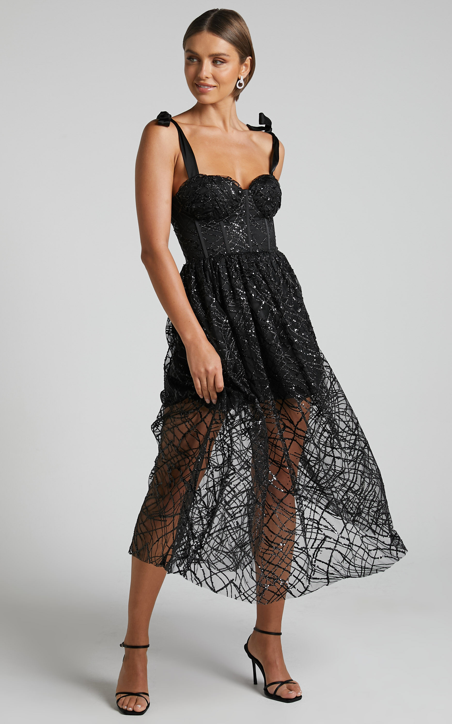 Rimea Midi Dress - Tie Shoulder Bustier Bodice Glitter Tulle Dress in Black