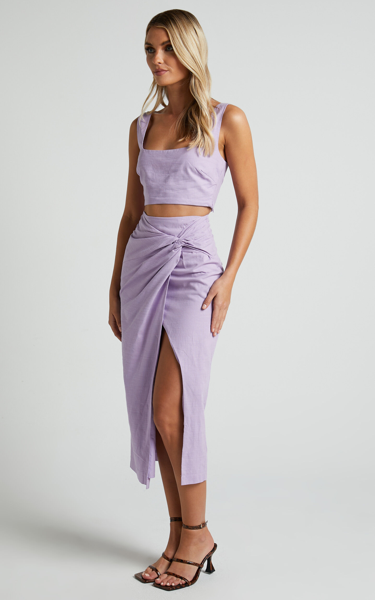 Gibson Two Piece Set - Linen Look Crop Top and Knot Front Midi Skirt Set in  Lilac