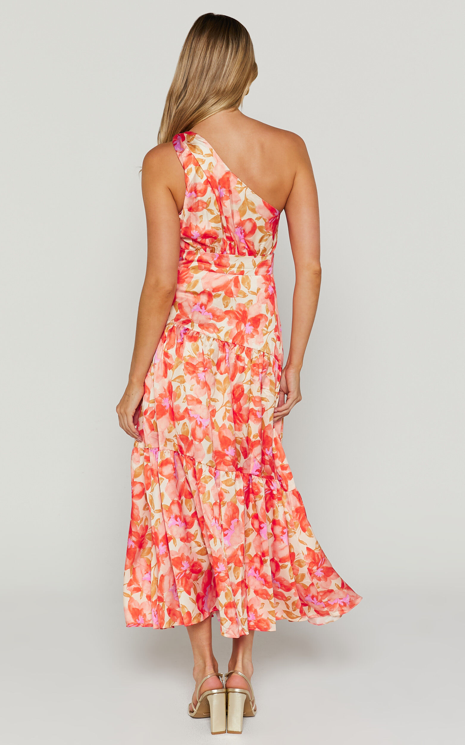 Georgine Midi Dress - One Shoulder Ruched Tiered Dress in AUTUMN FLORAL