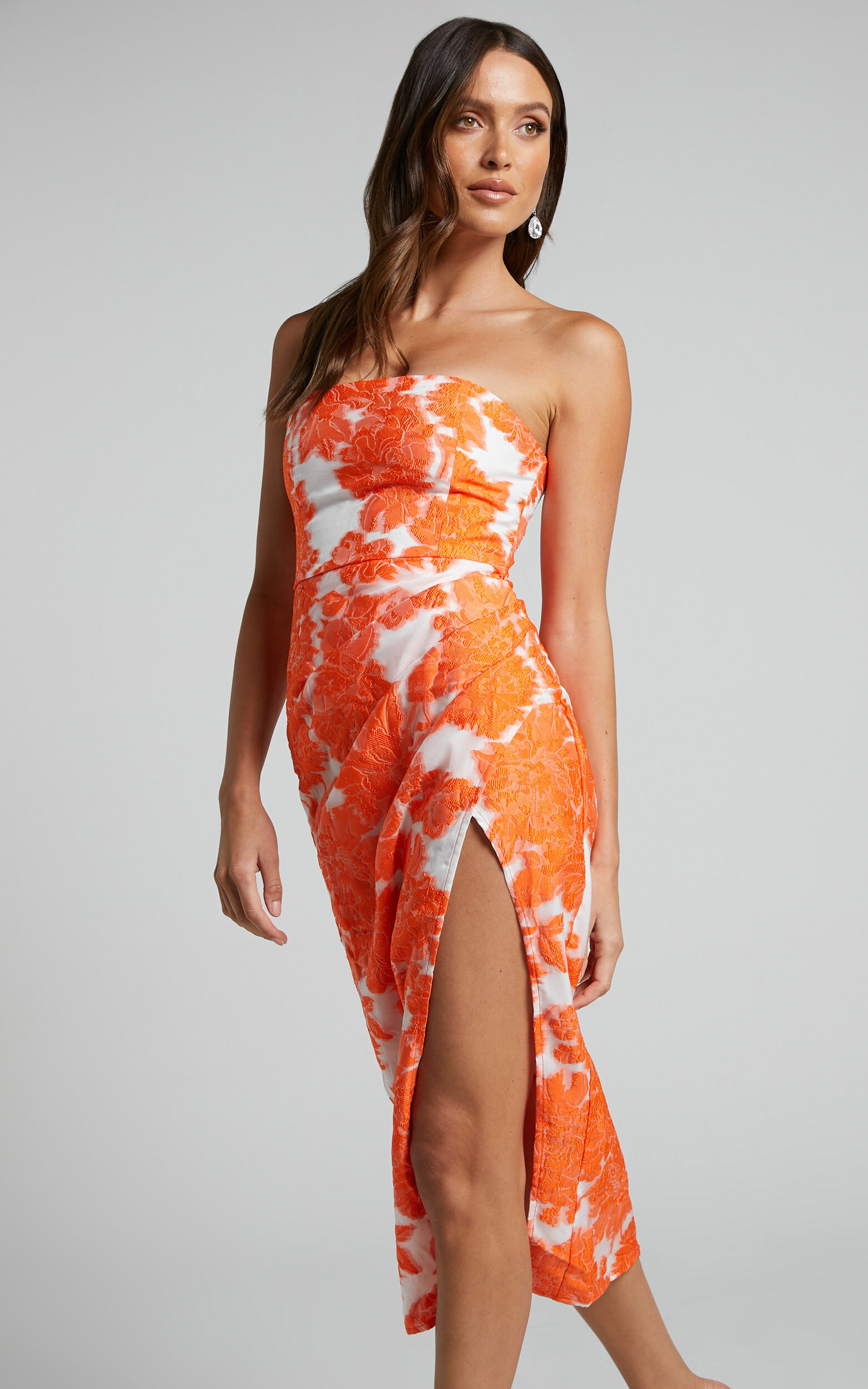 Brailey Midi Dress Thigh Split Strapless Dress In Orange And White Jacquard Showpo 