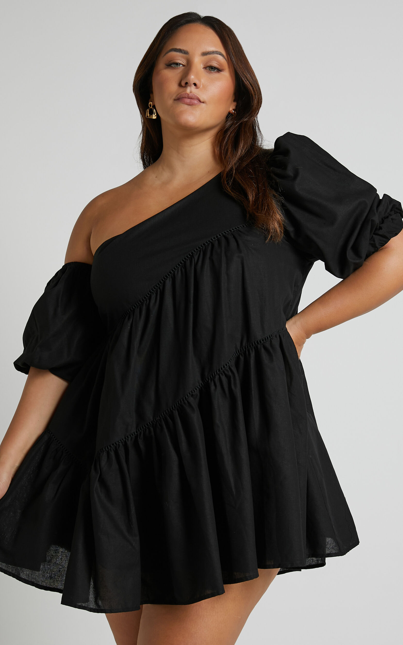 Harleen Mini Dress - Asymmetrical Trim Puff Sleeve Dress in Black ...