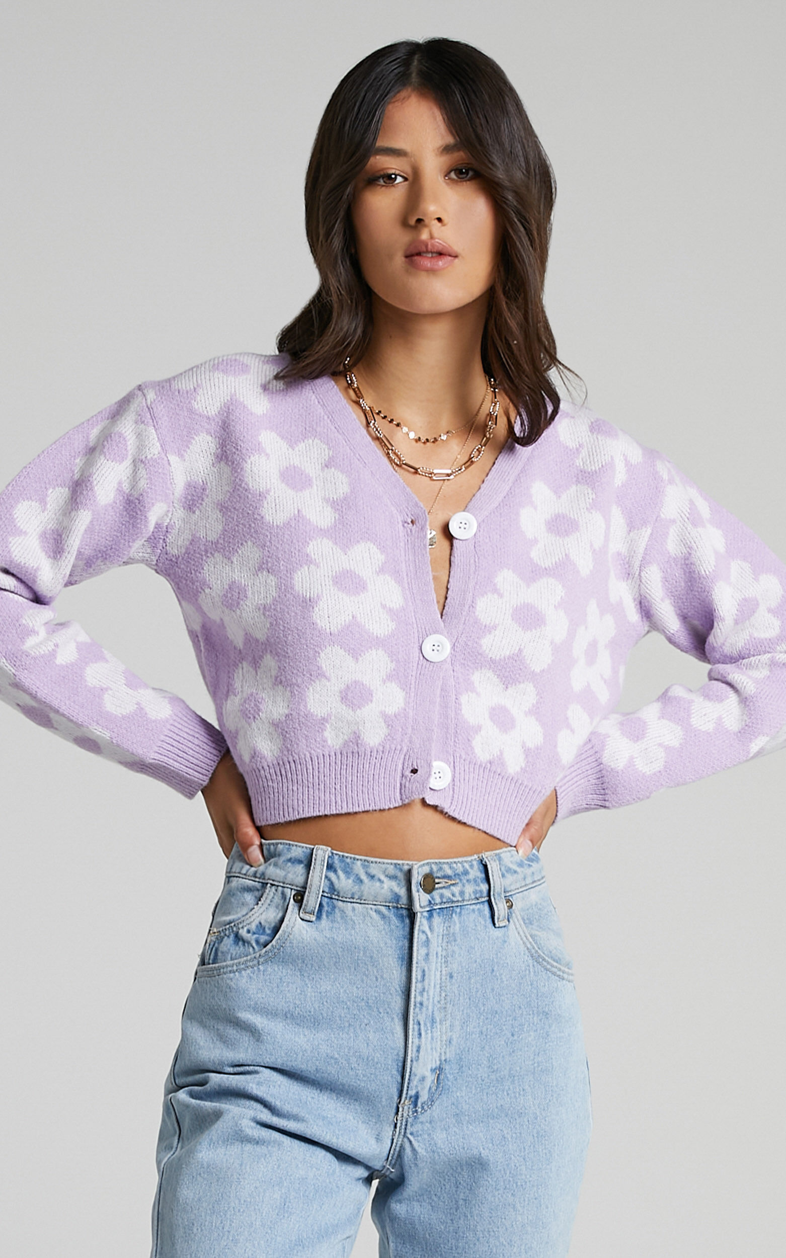 Daisy Flowers Button Up Knit Cardigan in Lilac Lilac