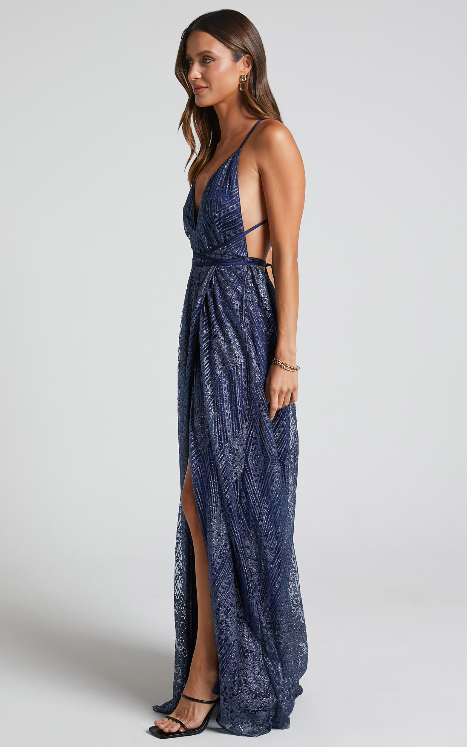 New York Nights Maxi Dress Plunge Cross Back Dress In Navy Showpo Usa 