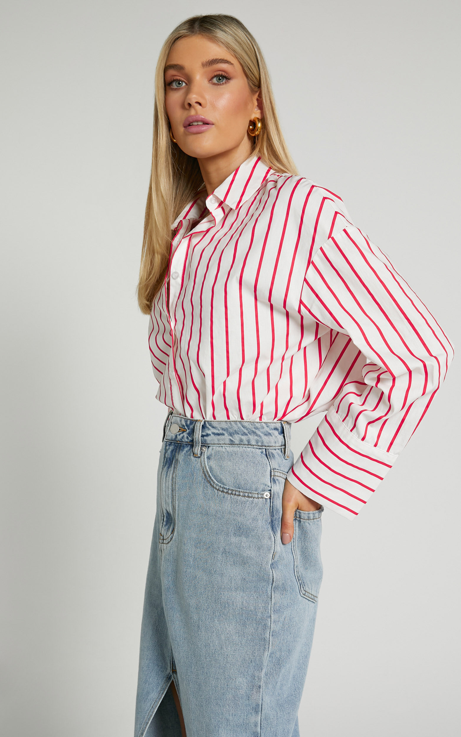 Anderson Top - Collared Long Sleeve Shirt in Red Stripe | Showpo