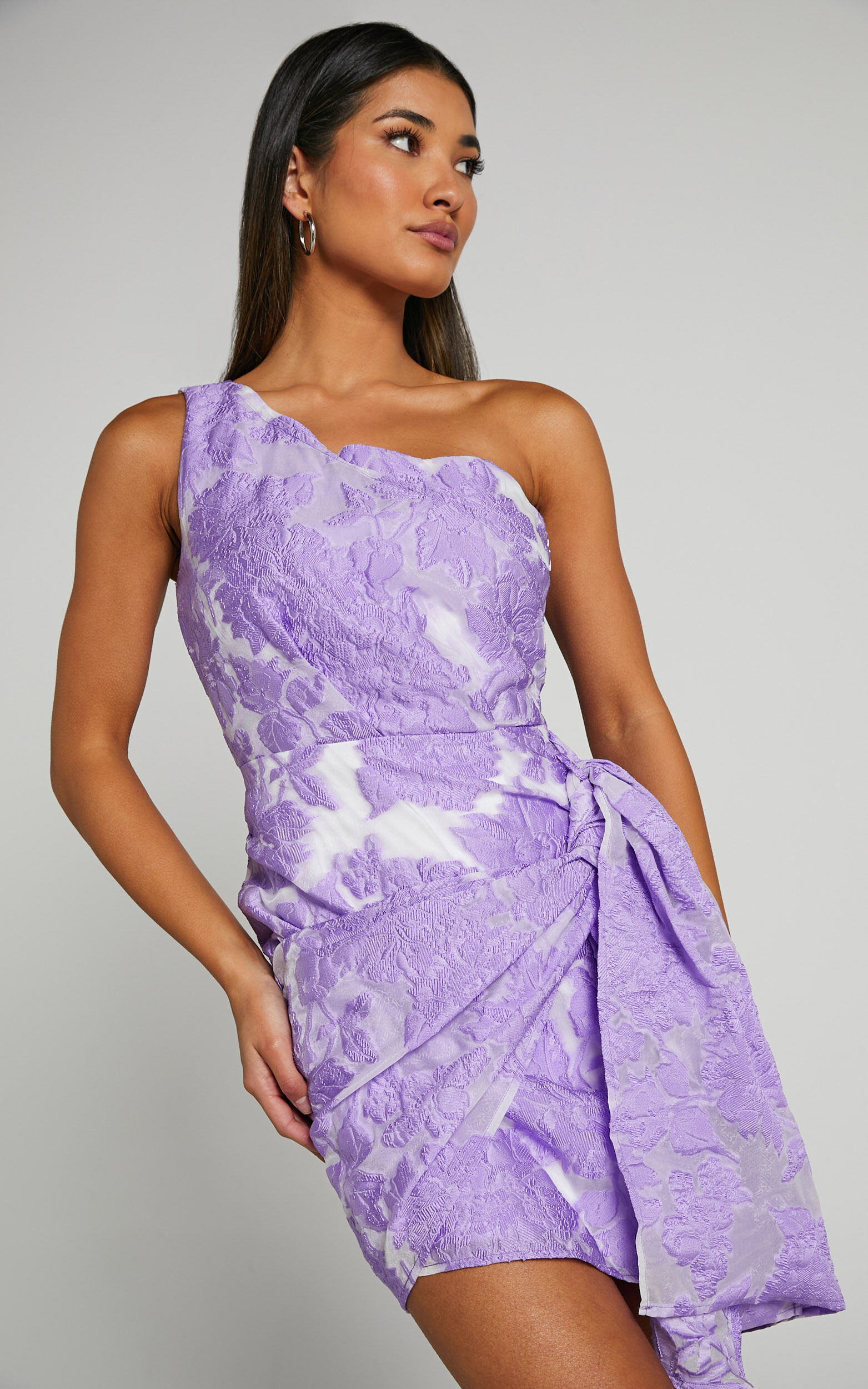 Brailey Mini Dress One Shoulder Wrap Front Dress In Purple Jacquard Showpo Eu 