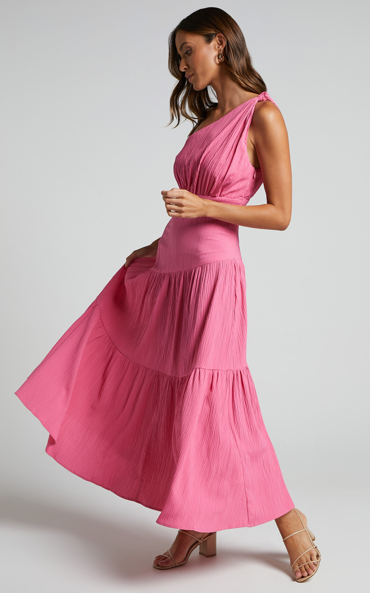 Celestia Midi Dress Tiered One Shoulder Dress In Bright Pink Showpo Usa
