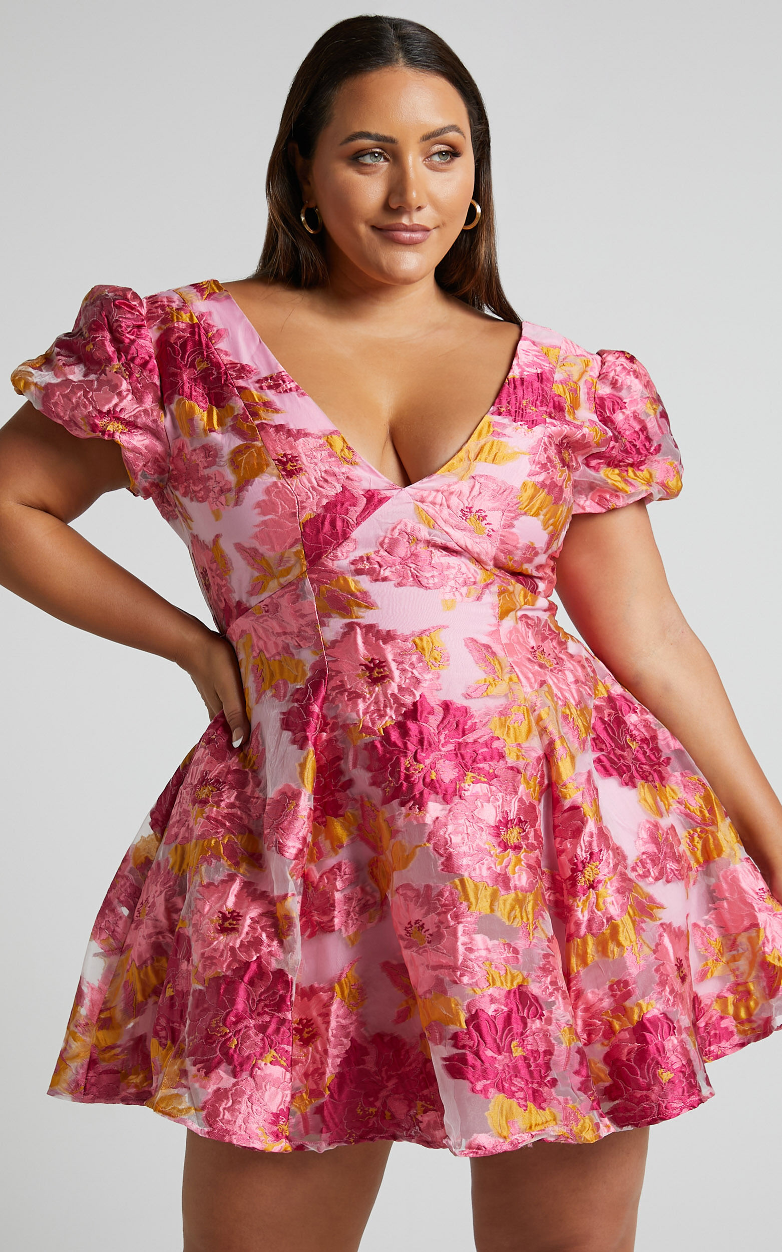Brailey Jacquard Mini Dress - Puff Sleeve Dress in Pink | Showpo USA