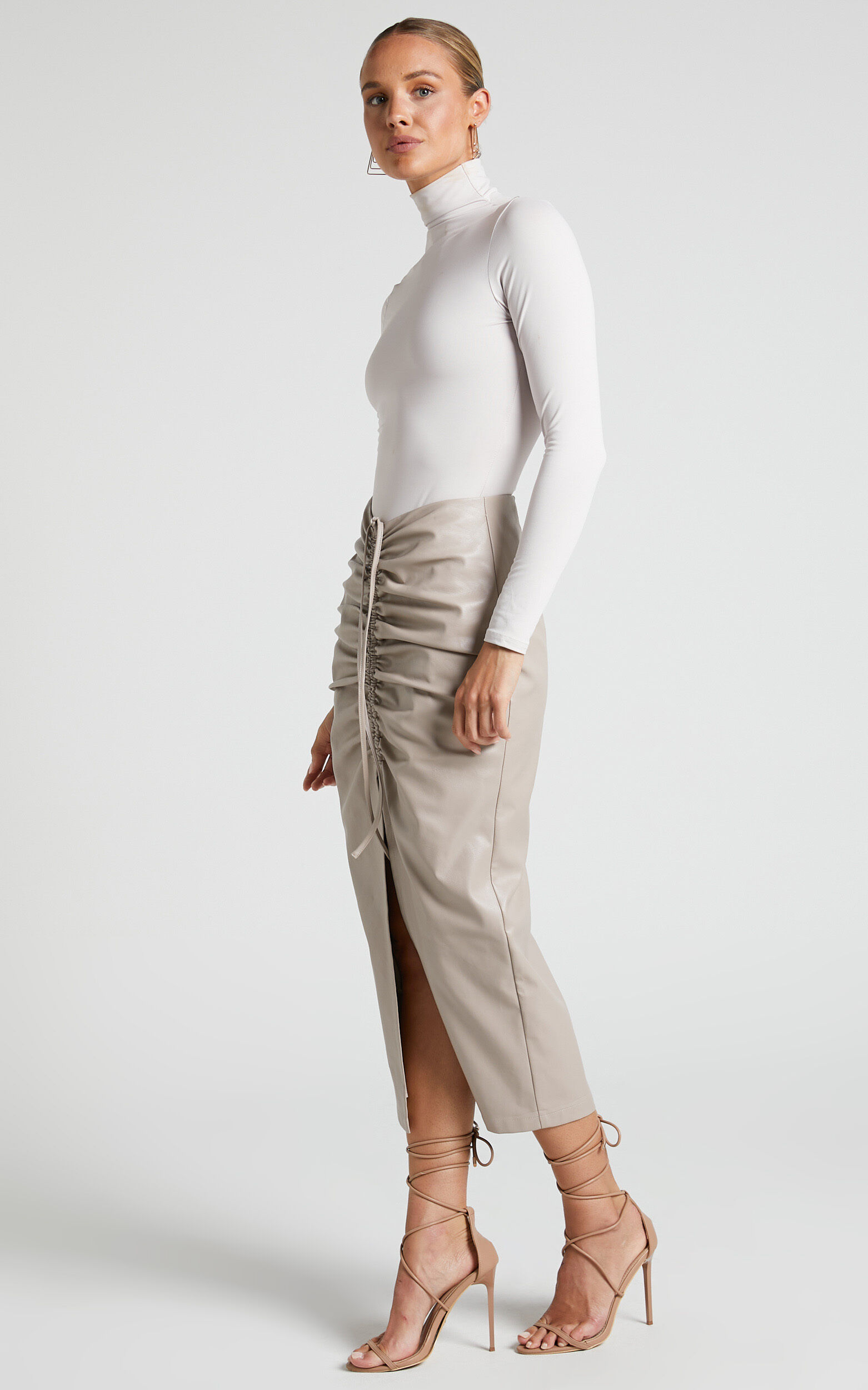 Laurenna Midi Skirt - Faux Leather Ruched Front Split Skirt in Beige