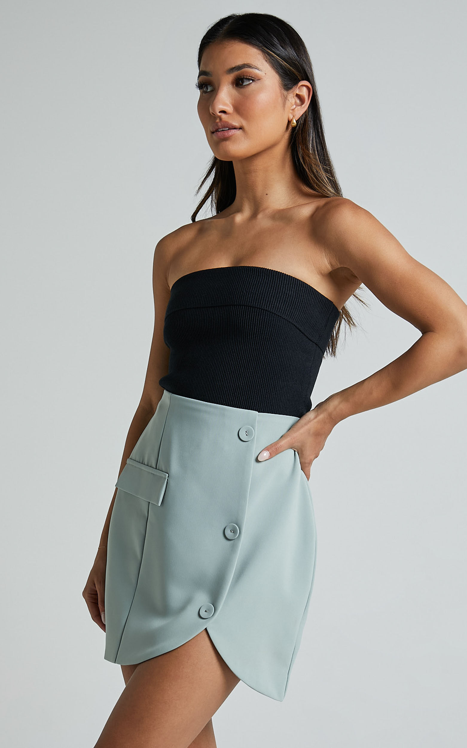 Kathia Mini Skirt - Asymmetric Button Detail Skirt in Sage
