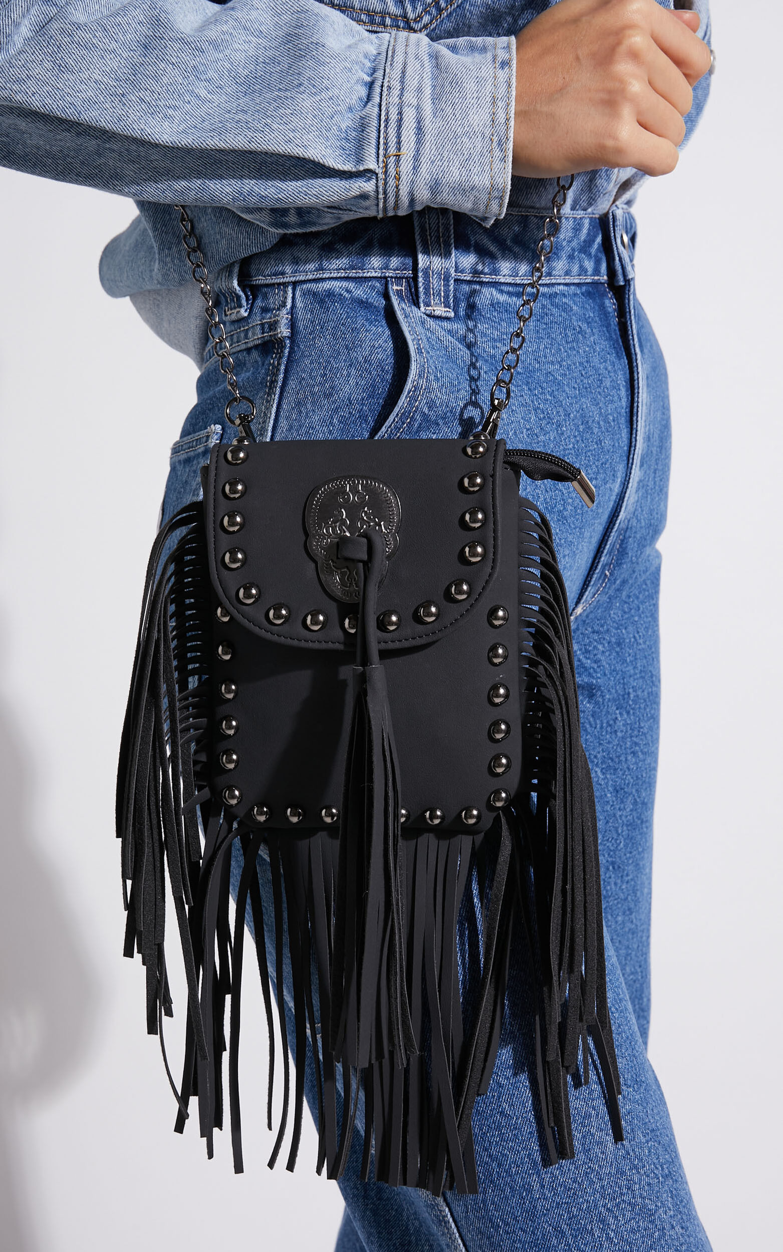 Small Faux Suede Bag w/ Fringe & Skinny Strap