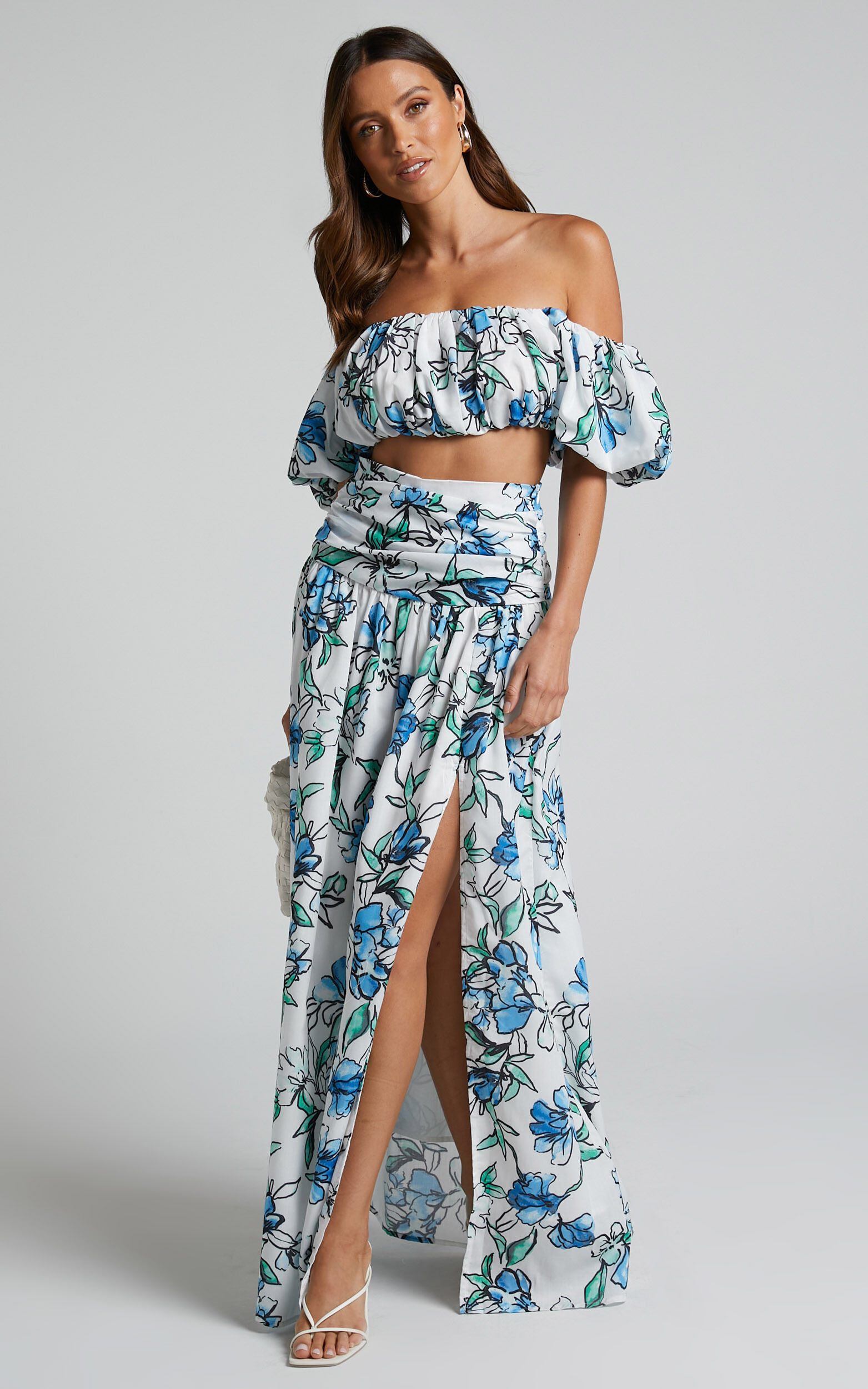 hit varsel Gentleman Alezia Two Piece Set - Off Shoulder Crop Top and Gathered Waist Midi Skirt  in Brush Stroke Floral | Showpo USA