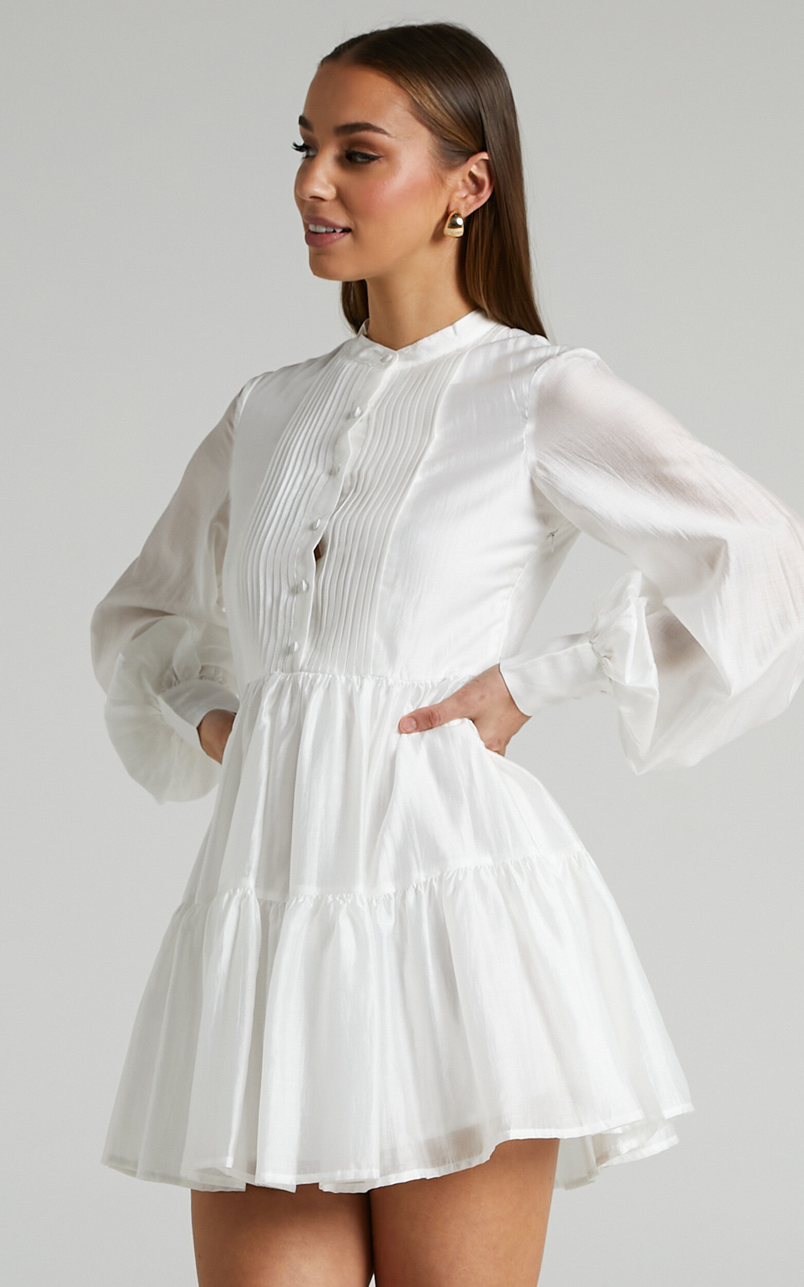Kyra Mini Dress - Pin Tuck Detail Tiered Shirt Dress in Off White ...